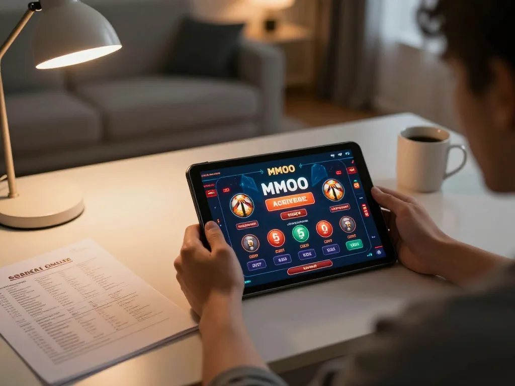 Engaging with the MMOO online casino on a tablet in a cozy home setting