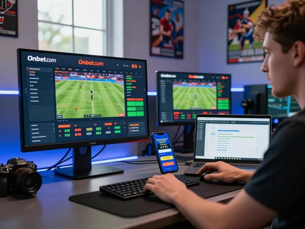 Exciting online betting on Onbet.com with multiple screens showcasing live sports odds and promotions.
