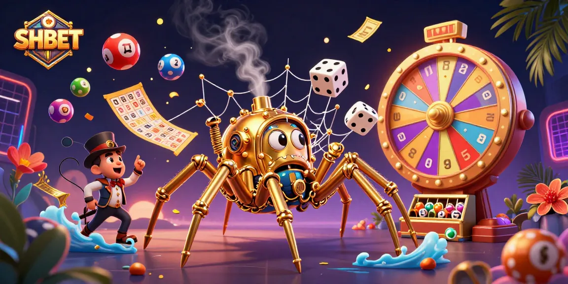 Engage with SHBET's vibrant gaming experience featuring a steampunk spider and lottery fun.