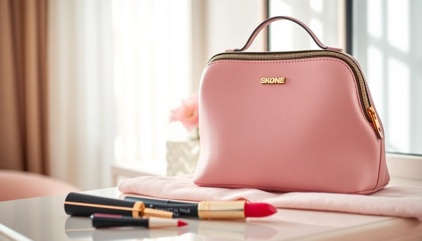 Showcase skone cosmetics signature makeup bag with luxurious design and elegant makeup brushes.