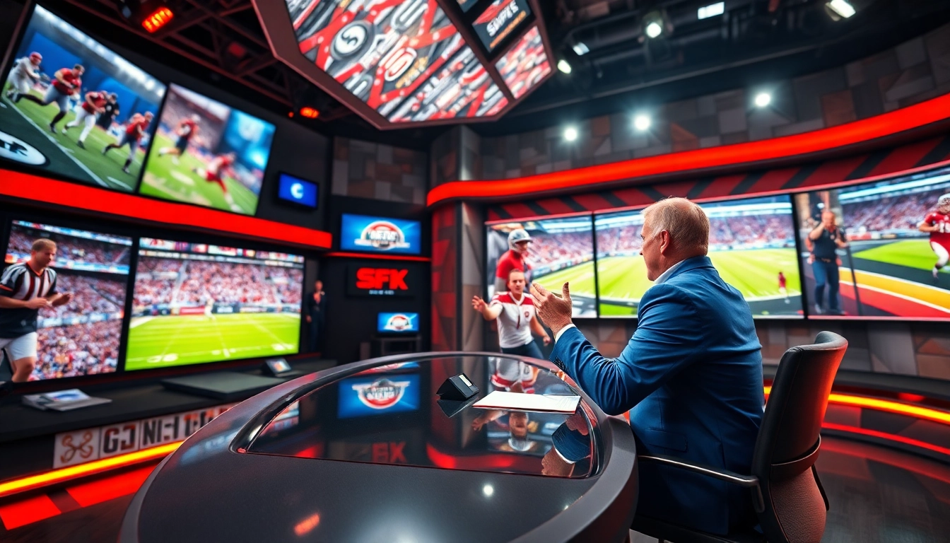 Engaging host providing sports broadcasting commentary in a vibrant studio setting.