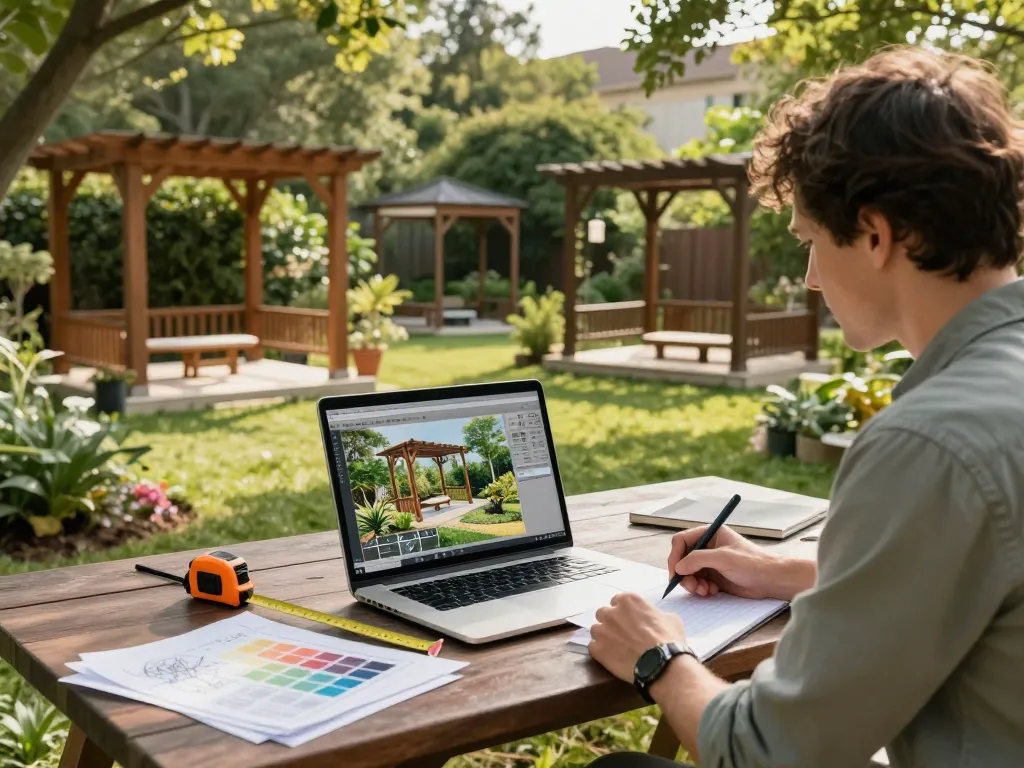 Landscape architect using pergola configurator software outdoors, designing custom pergolas.