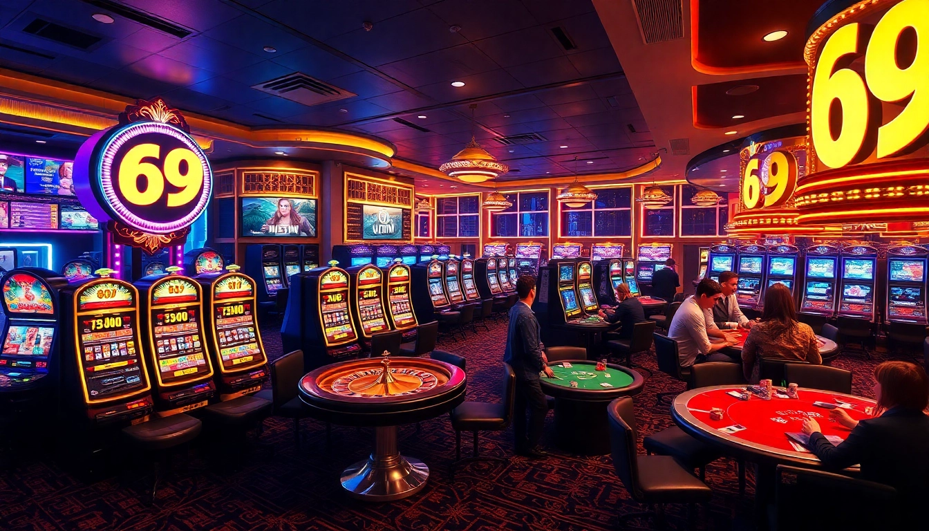 Excited players engaging with slot machines and roulette at 69VN casino.