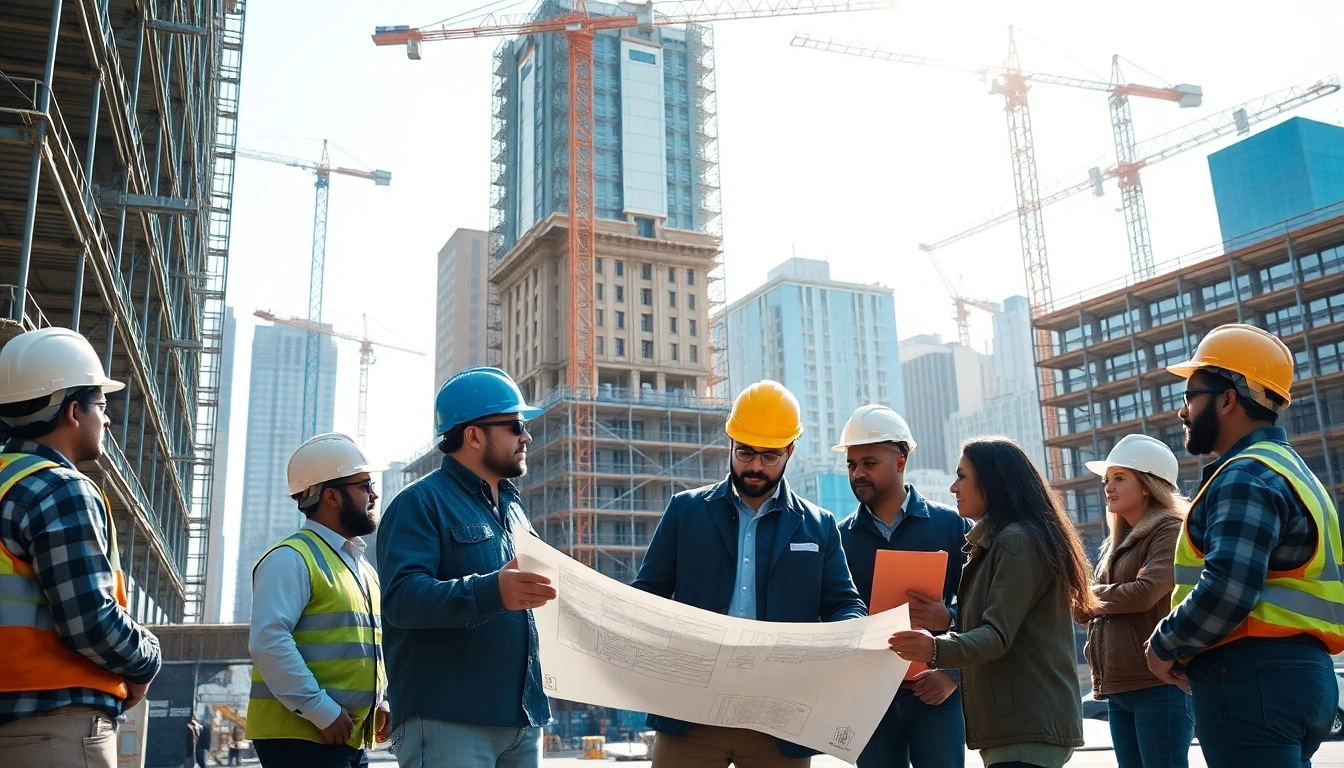 New York Commercial General Contractor overseeing a busy construction site with diverse workers and cranes.