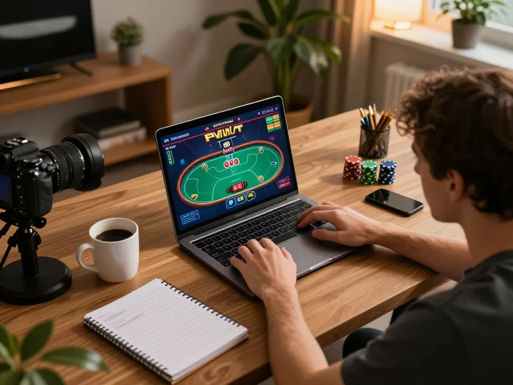 Engaging in cm88 online poker gameplay on a laptop at home, showcasing strategic betting notes and a cozy atmosphere