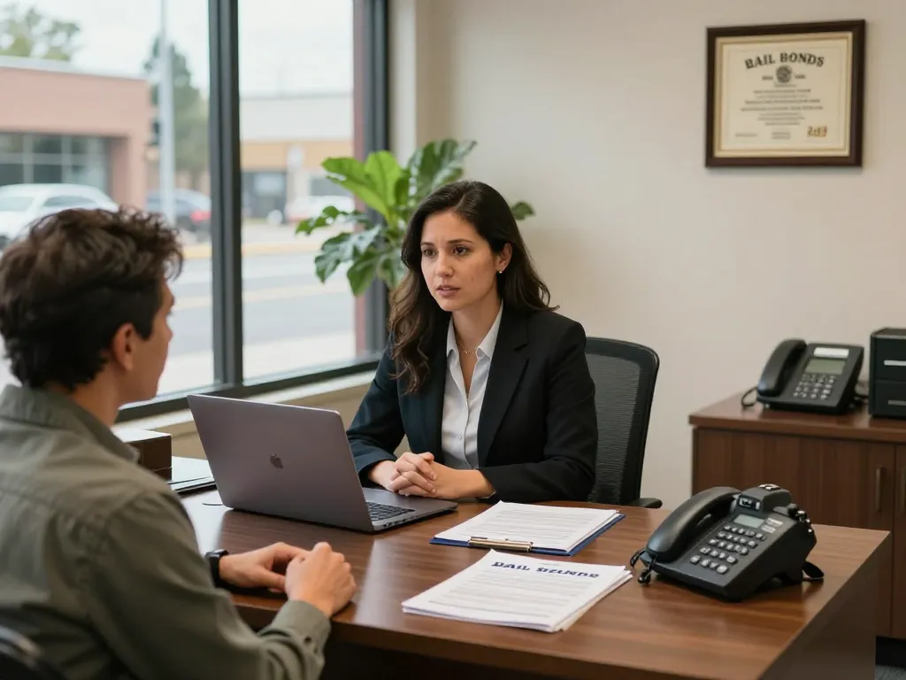 Bail Bonds office scene showing agent assisting clients with compassionate service and informative materials.