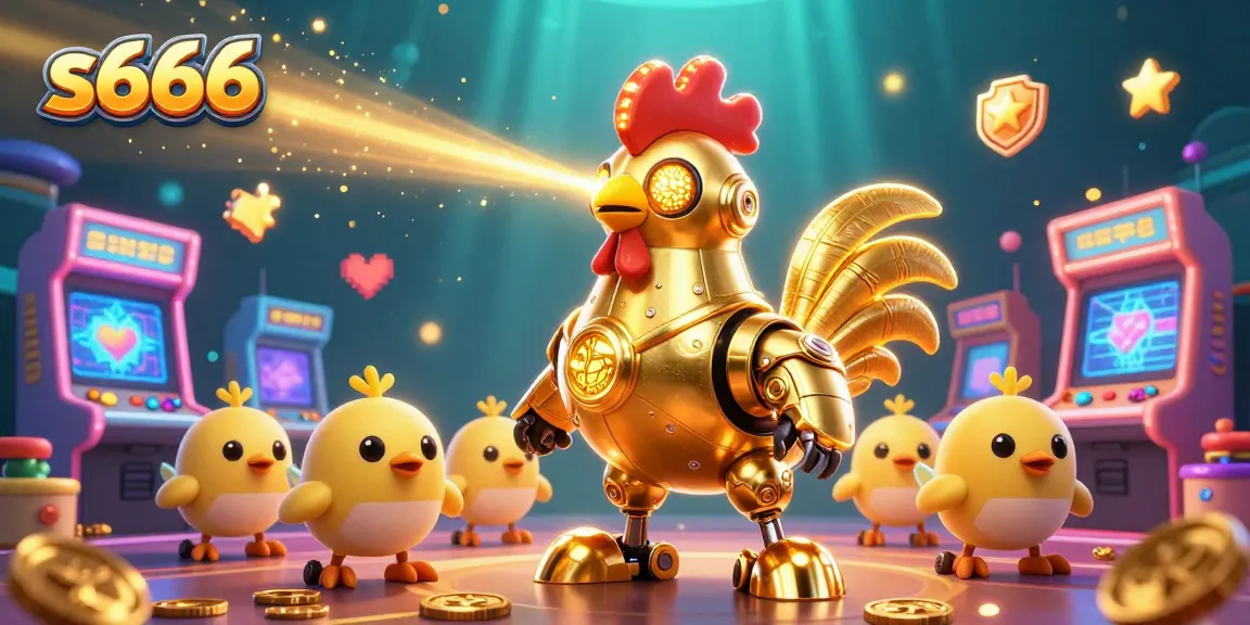 Engage with the vibrant world of s666 as golden rooster robot leads a gaming adventure through glowing arcade machines.