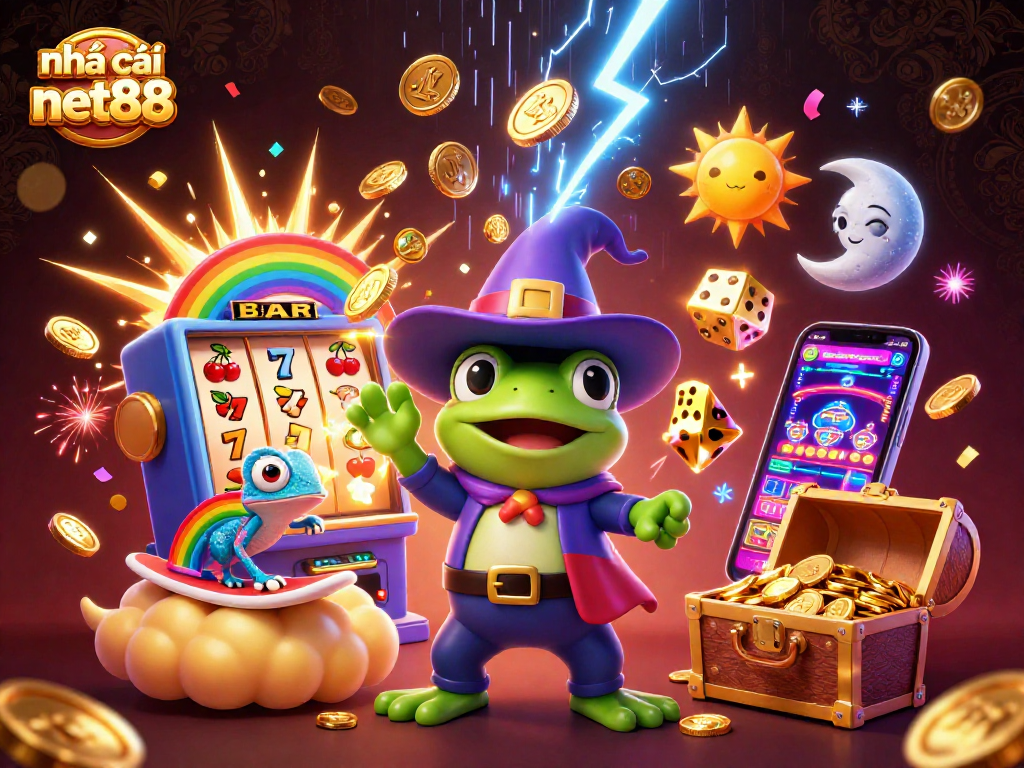 Experience excitement with nhà cái net88 as whimsical characters create a storm of coins in a vibrant casino world.