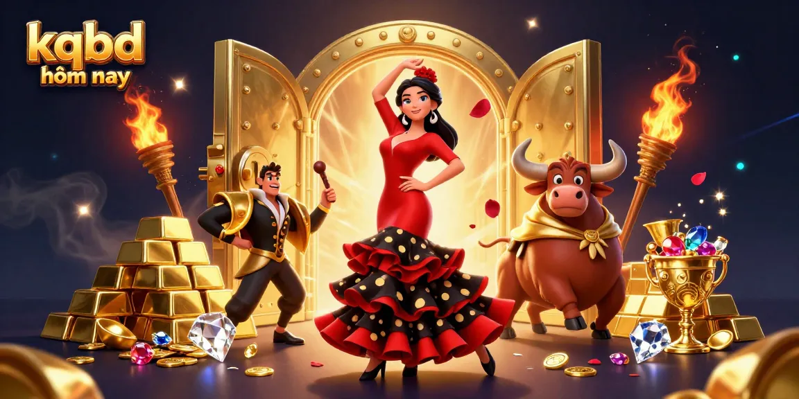 Enjoy kqbd hôm nay with an engaging 3D illustration of a flamenco dancer and bull amid treasures.