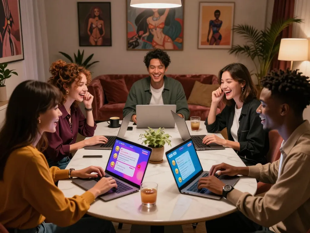 Vibrant scene depicting individuals engaged in AI NSFW chat, showcasing dynamic interactions and modern environment.