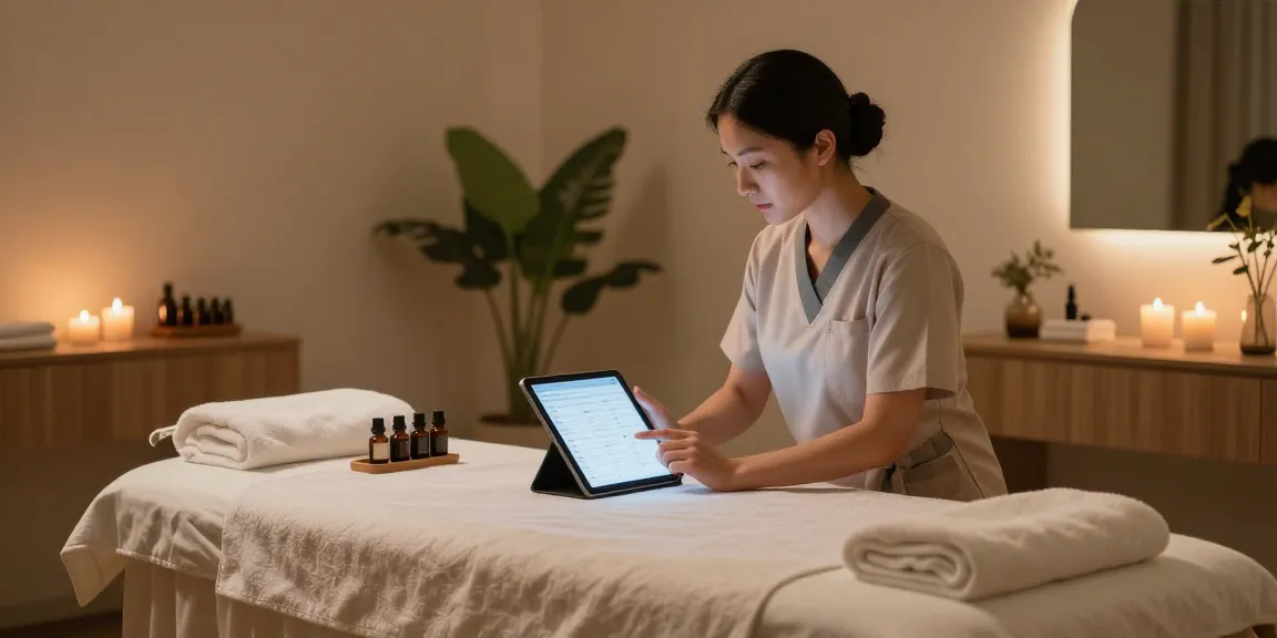 Relaxing spa scene with professional therapist preparing for 은평구출장마사지 appointment in luxury setting.