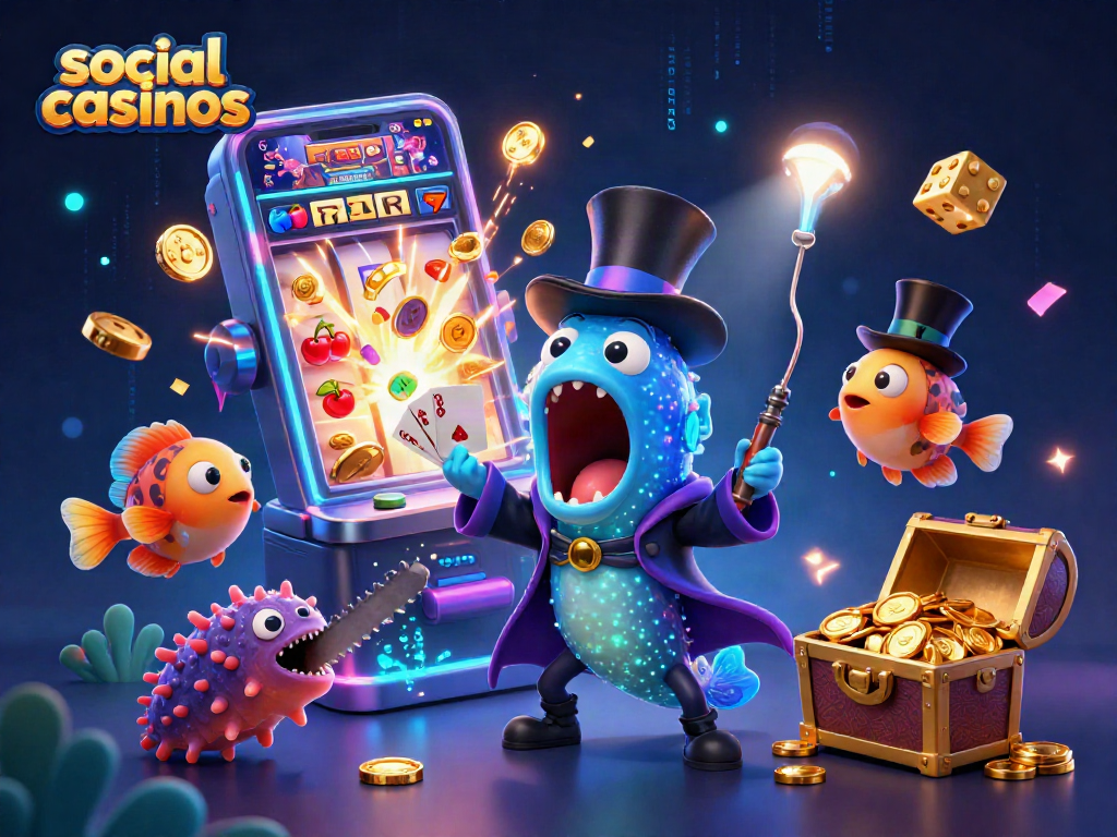Engage with social casinos through a vibrant illustration featuring unique underwater characters and dynamic game elements.