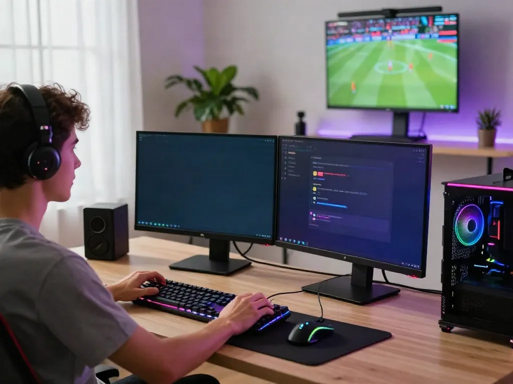 Engaging home office gaming setup featuring dual monitors for online betting at gem88.jpn.com.