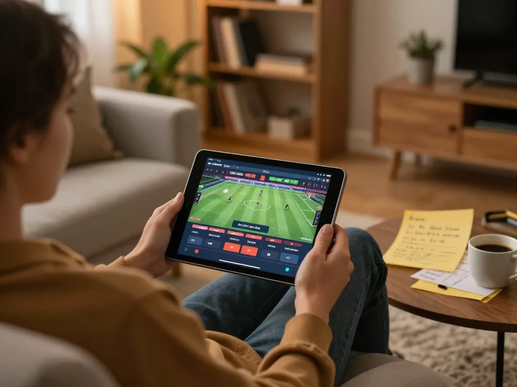 Kèo nhà cái hôm nay featured in a person's tablet for online gambling at home, highlighting sports betting.