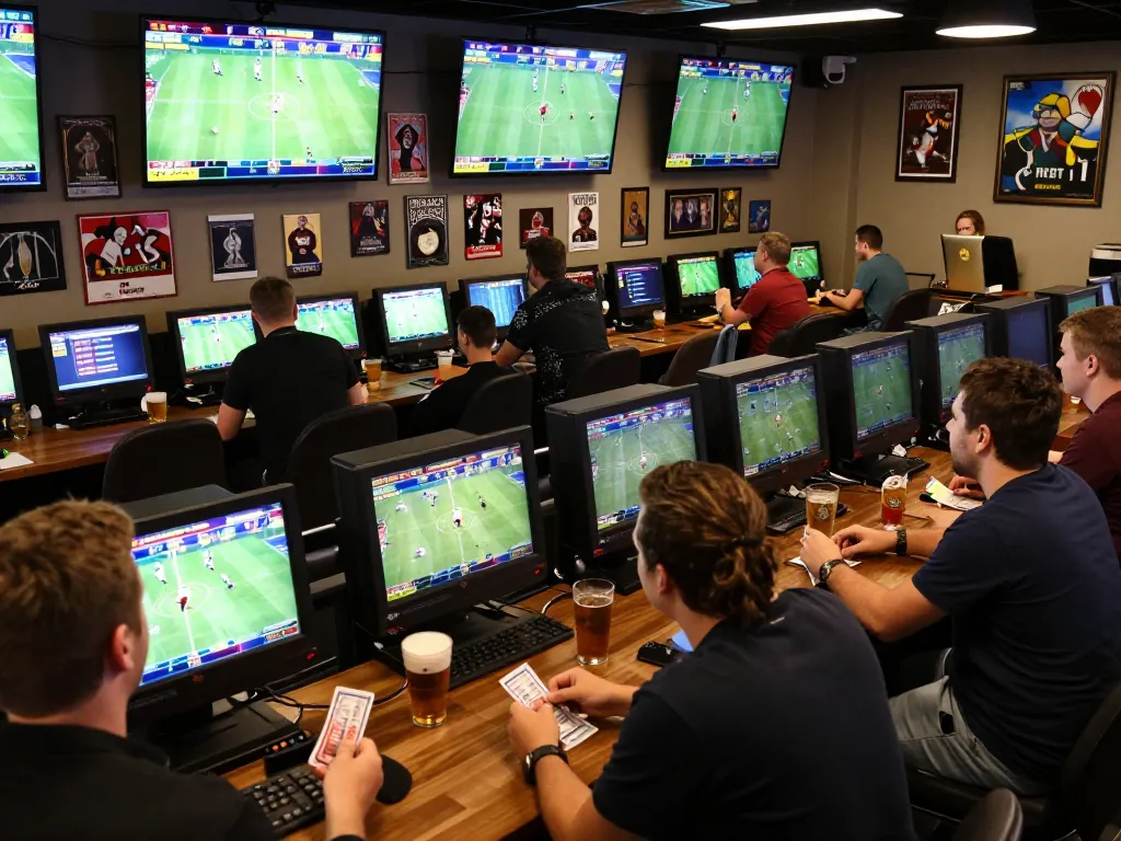Excited patrons placing bets at F8bet sports betting lounge during live events
