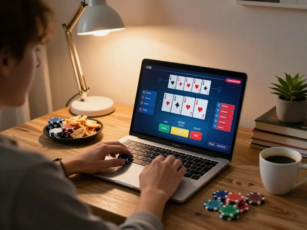 Engaging online poker gameplay showcasing RED88 on a laptop in a cozy home setting