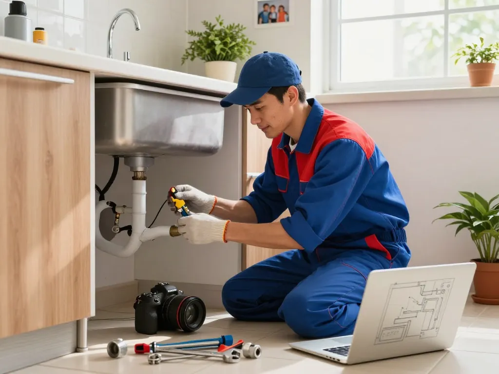 Emergency plumber Rapid City fixing kitchen sink under warm light, tools scattered, homey atmosphere.