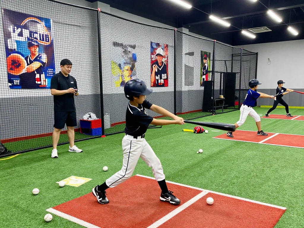 Hitclub training scene with young athlete swinging a bat in a batting cage, showcasing energized baseball practice.
