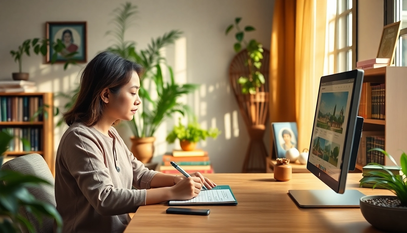 Engaging scene of Ayurveda online courses with a student in a natural learning environment.