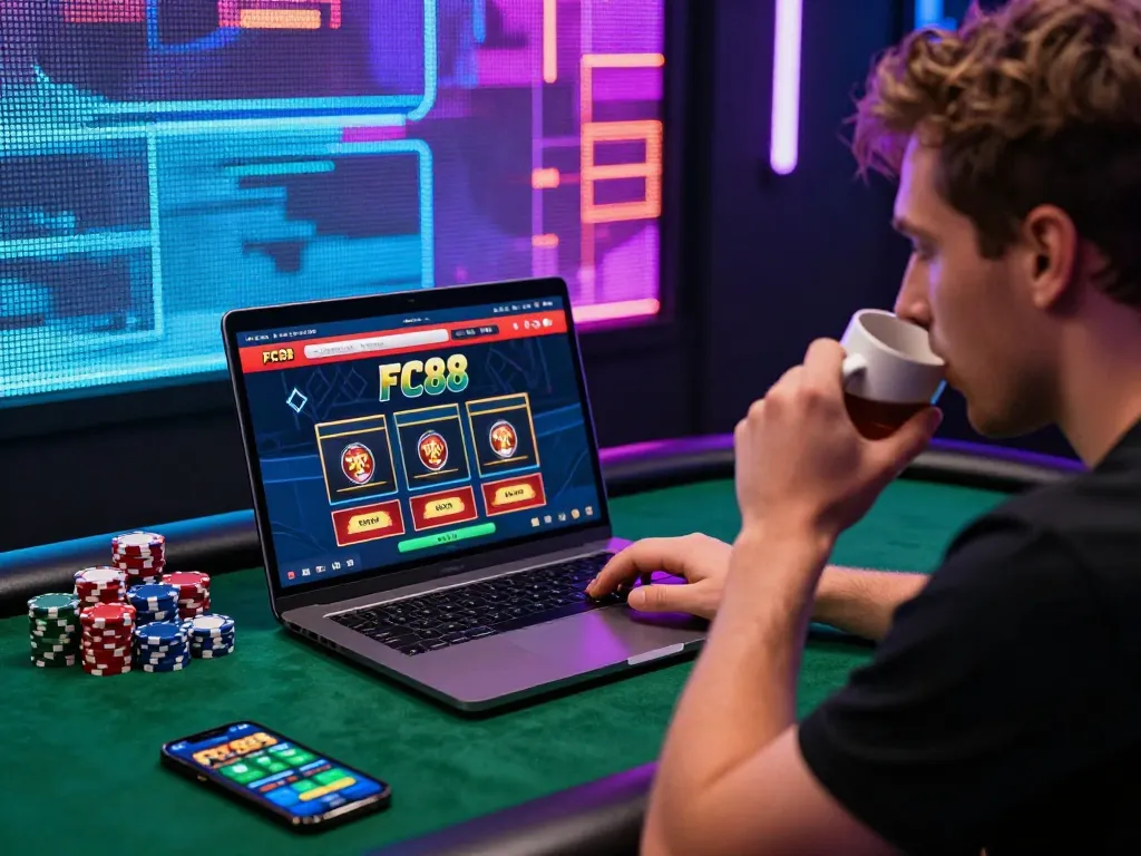 Player engaged in online gambling at FC88, showcasing strategy and excitement with poker chips and betting app.
