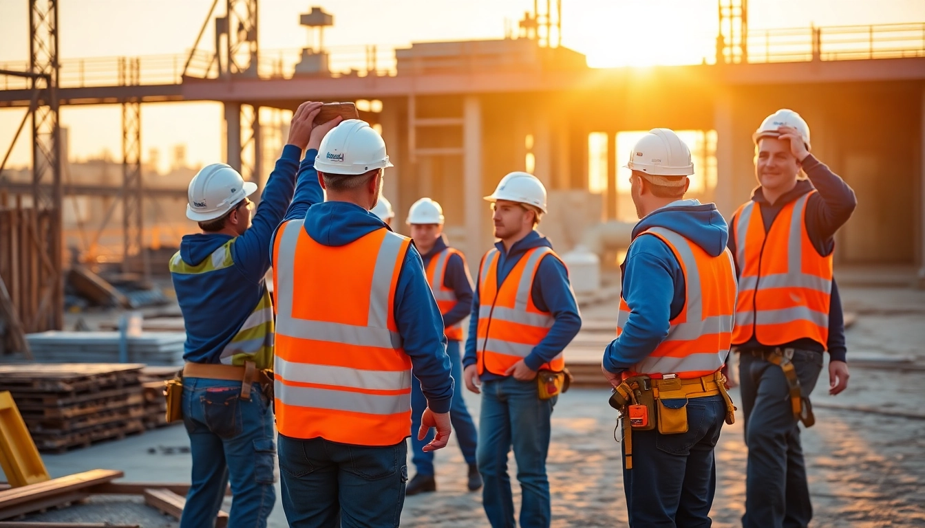 Professionals wearing Blåkläder workwear engage in teamwork at a construction site.