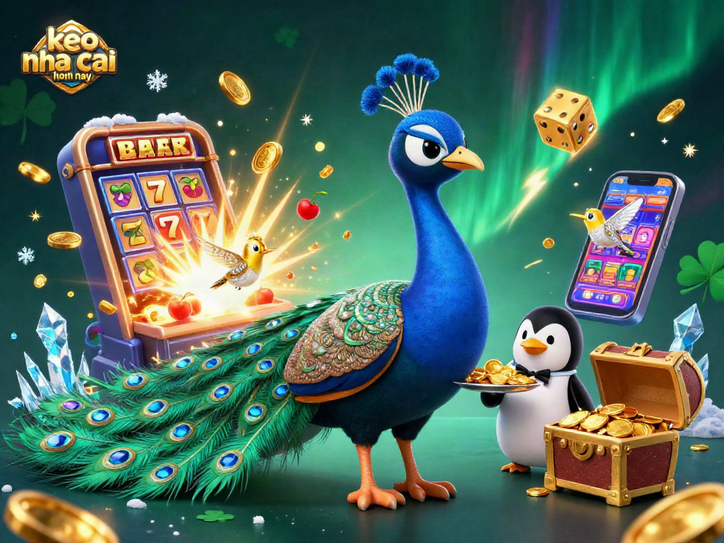 Engage in keo nha cai hom nay with a vibrant casino scene featuring a peacock, penguin, and hummingbird.