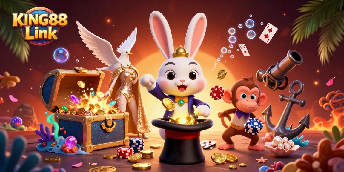 Join the excitement at KING88 Link, where a magician rabbit pulls coins, surrounded by glamorous casino elements.
