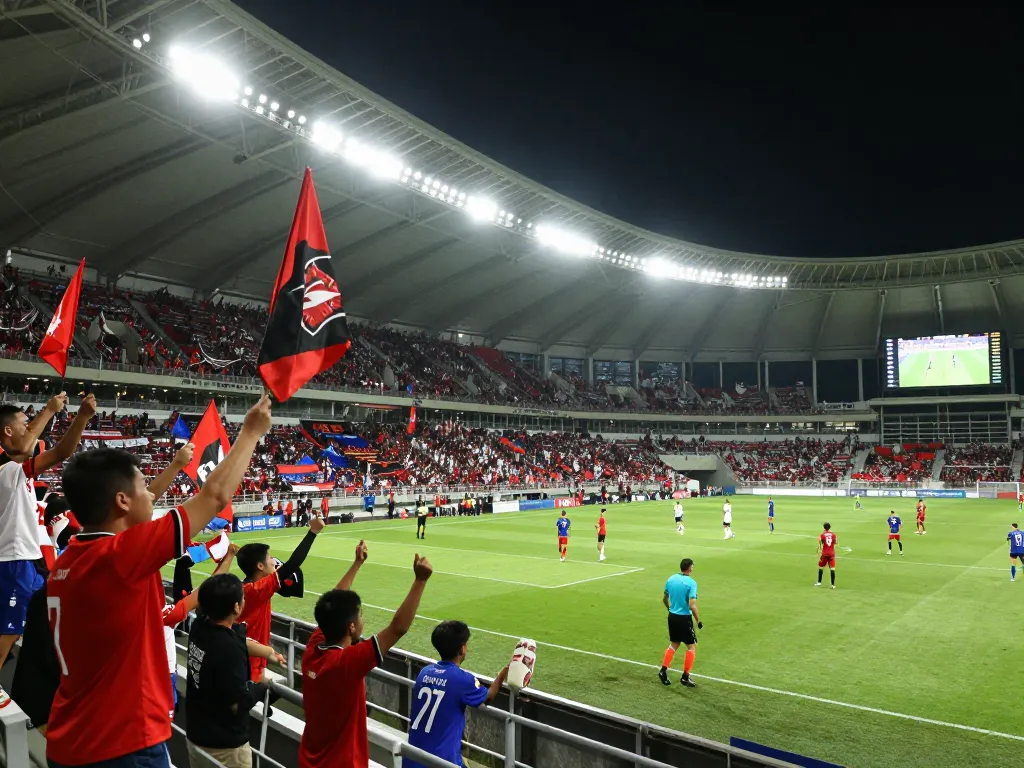 Exciting football match (ฟุตบอล) at a lively stadium with cheering fans and players in action.