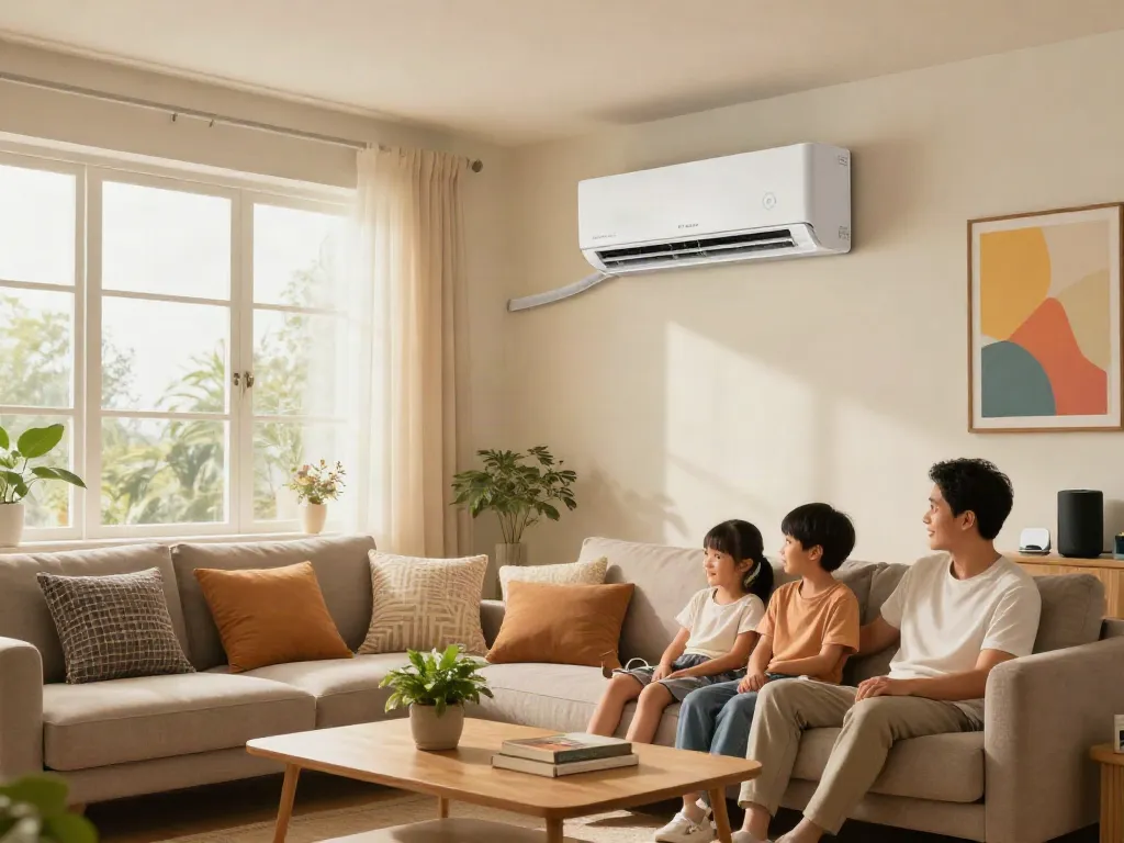 Comfortable family living room featuring an 18000 btu mini split air conditioner, stylish decor, and warm natural light.