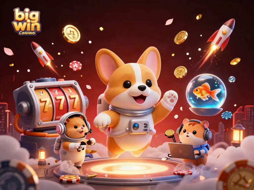 Experience big win casino excitement with a cartoon astronaut corgi in 3D floating in a festive casino scene.