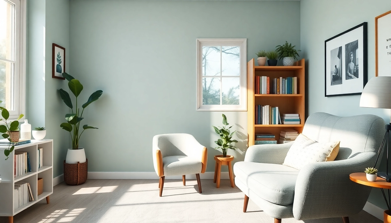 Engaging mental health tips displayed in a cozy therapy office with soothing colors and natural light.