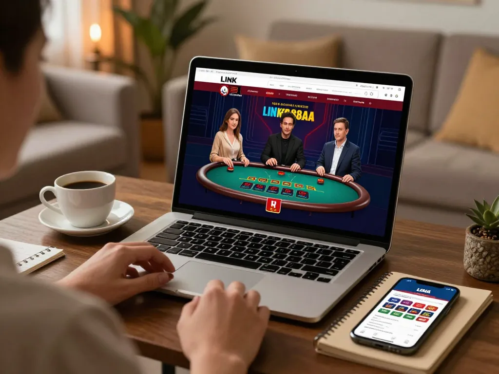 Engaging online gaming scene showing LINK 88AA on laptop with live dealer action, enhancing home gambling experience.