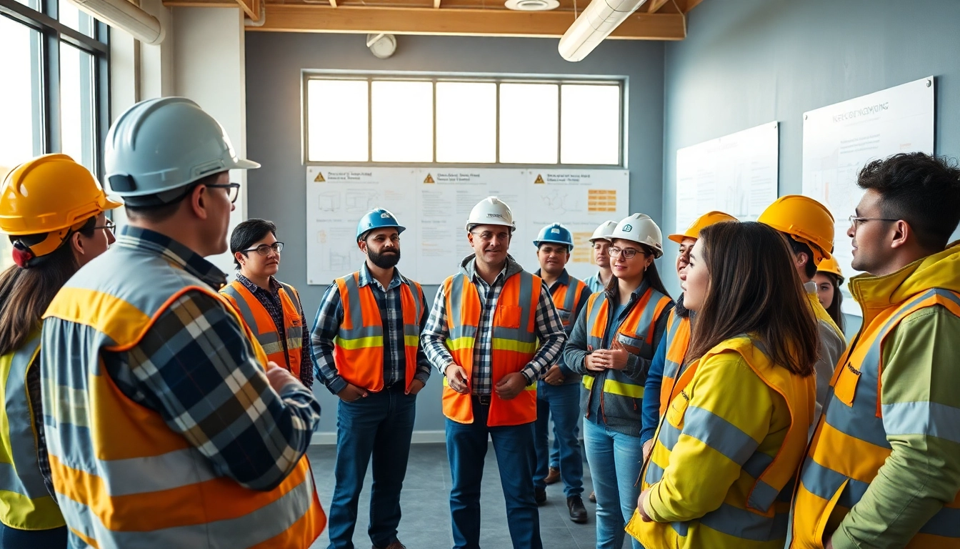 Engaged participants in construction safety training session learning vital safety procedures.