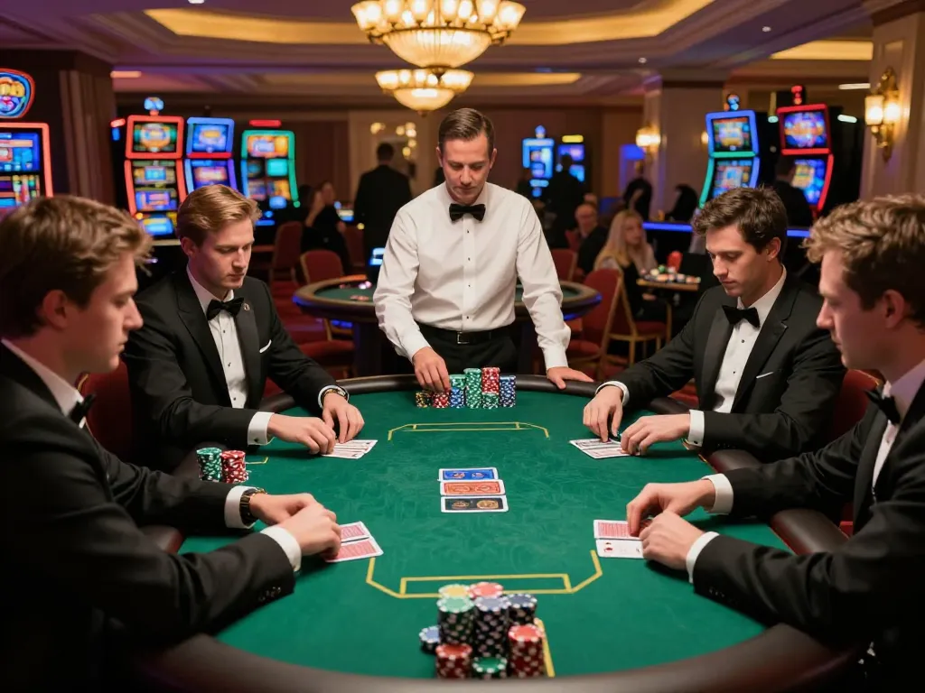 Engaging high-stakes poker scene featuring FC88 players making strategic moves at an elite casino table