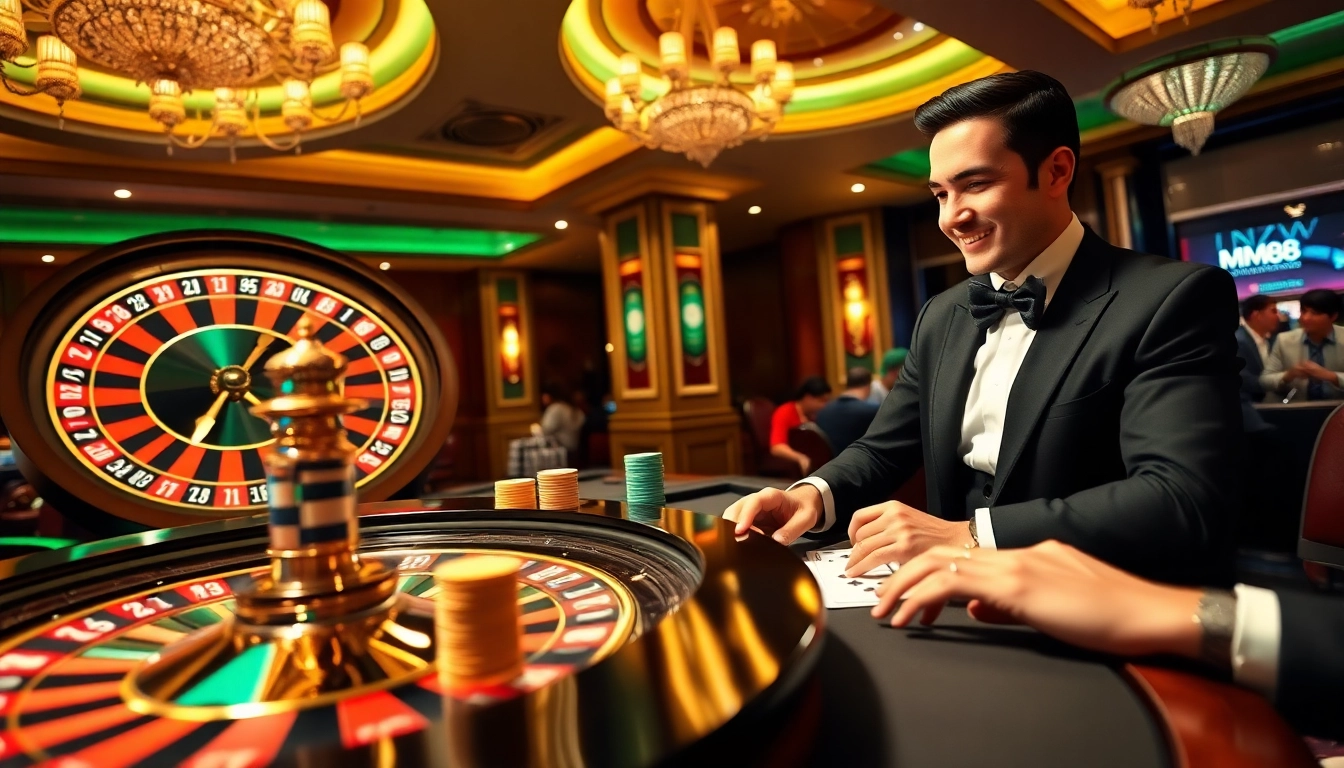 Engage in thrilling games at MM88 casino, featuring a roulette wheel and professional dealers.