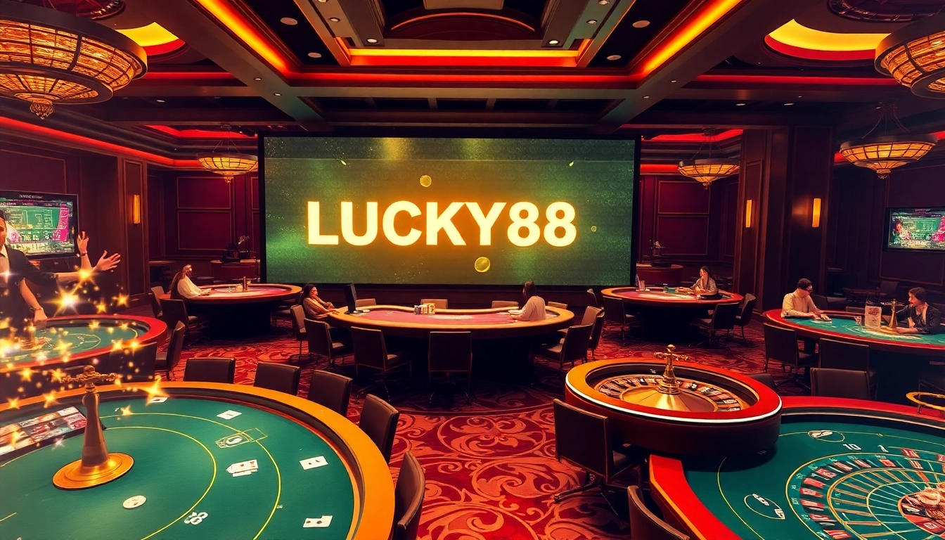 Competitive gaming at LUCKY88 casino with vibrant tables and excited players in a luxurious setting.