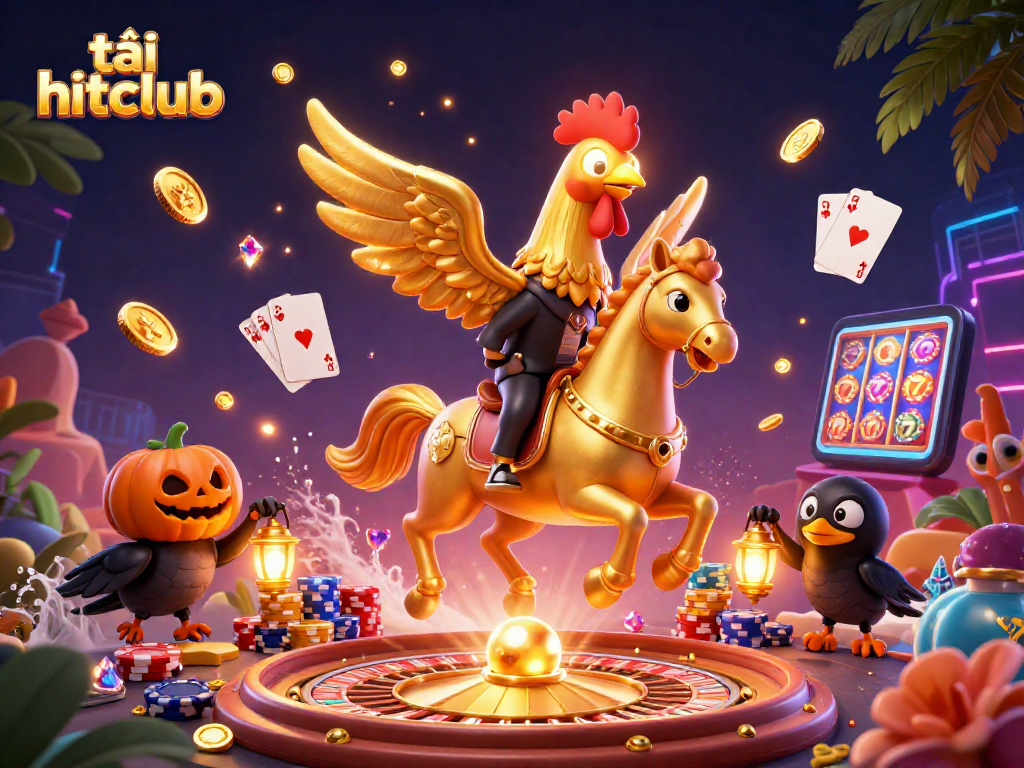 Play and win with tải hitclub in a vibrant casino scene featuring golden rooster and dynamic gaming elements.
