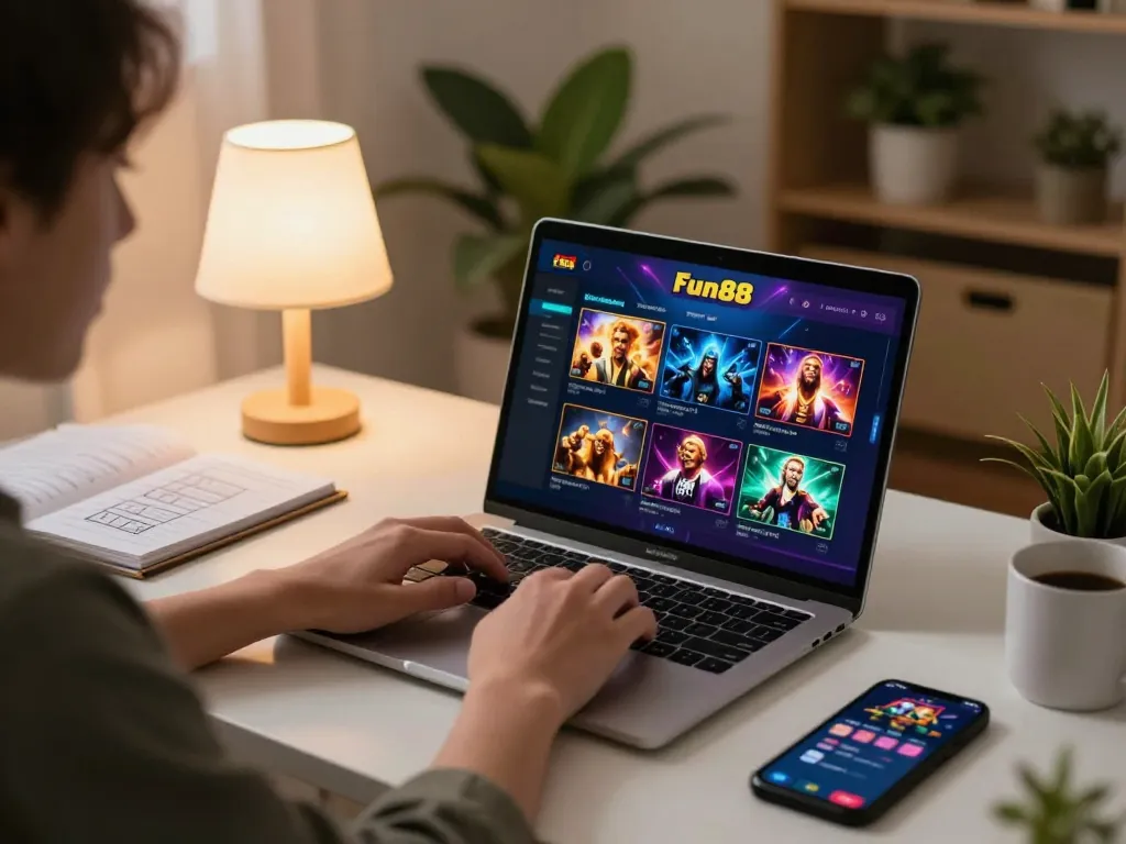 Engaging with fun88's online games from home, laptop showcasing vibrant casino interface amidst cozy decor