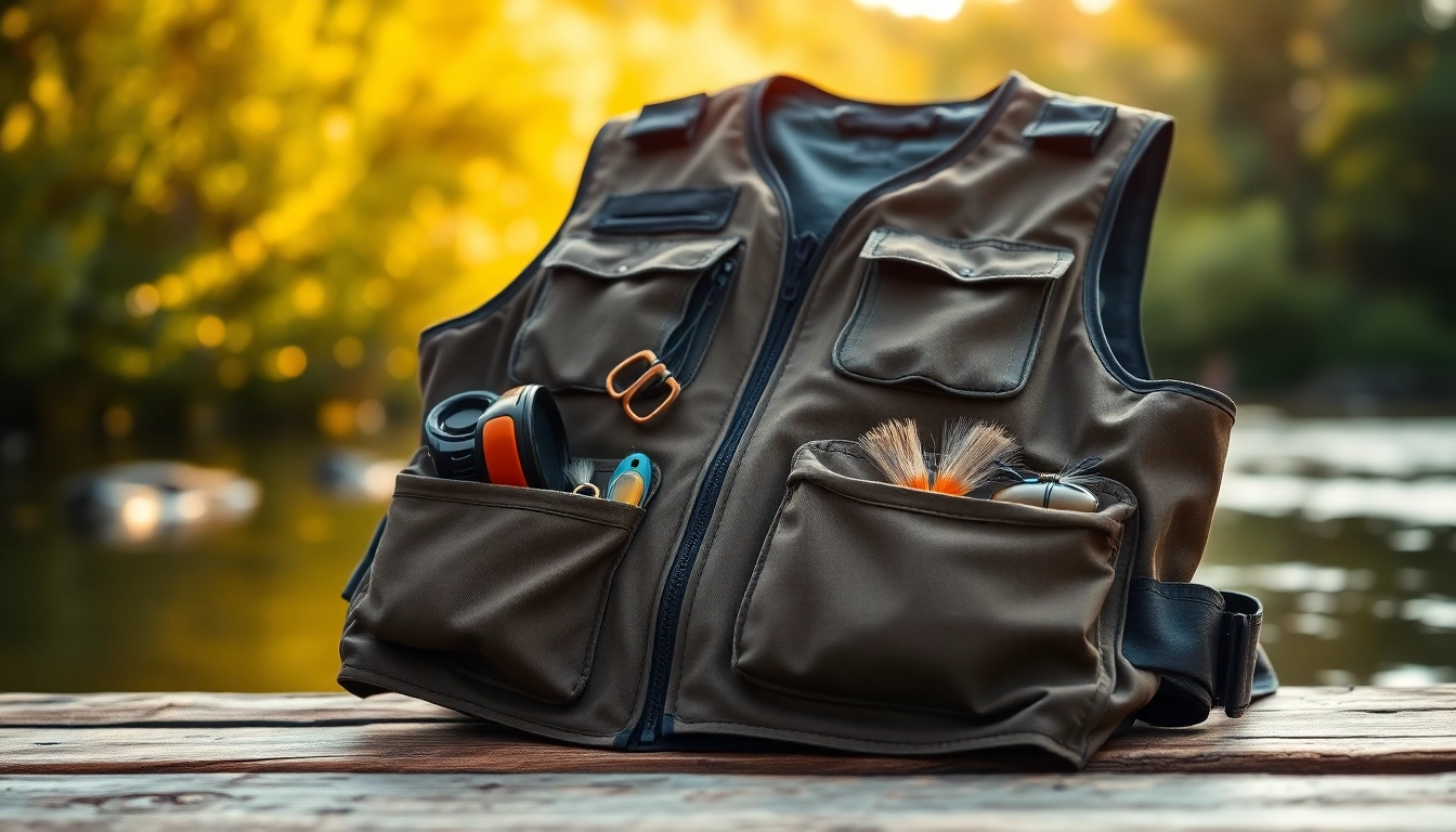 Fly fishing vest with pockets full of gear showcased on a rustic table by a riverside.