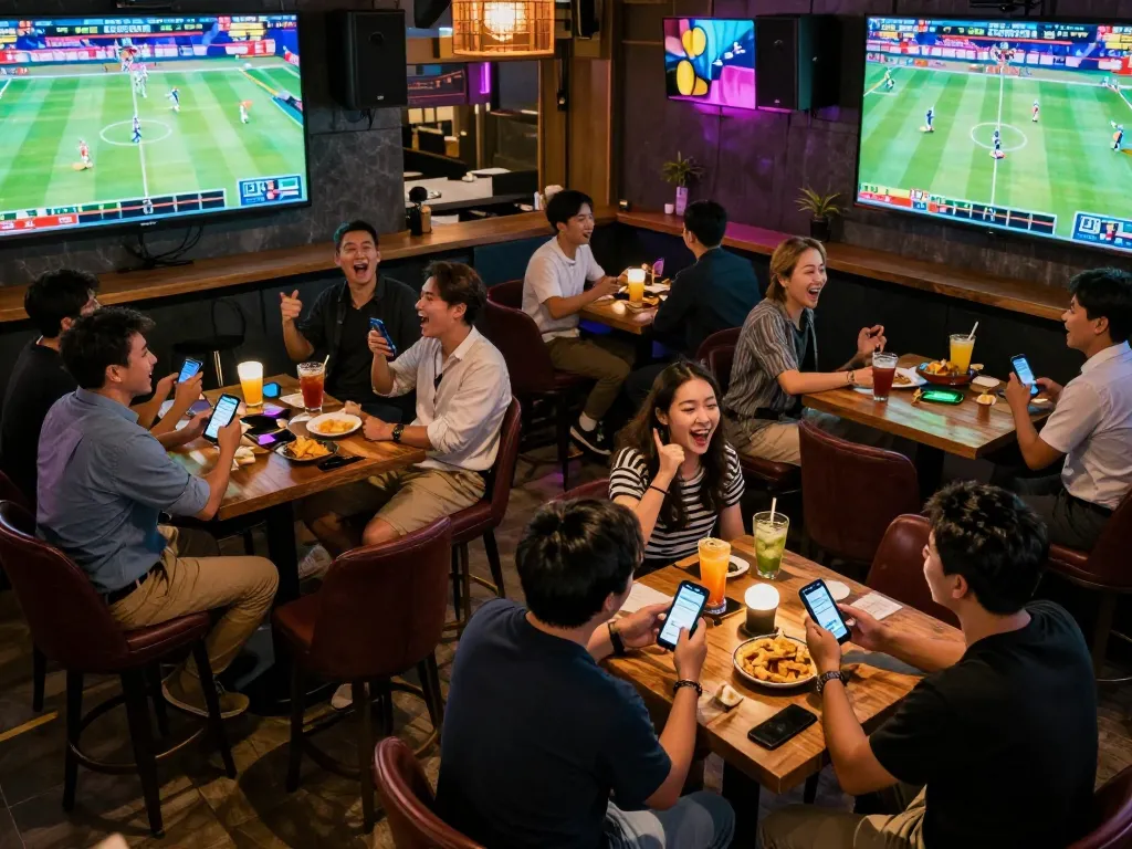Engaged bettors using keonhacai app for live sports betting in a lively sports bar.