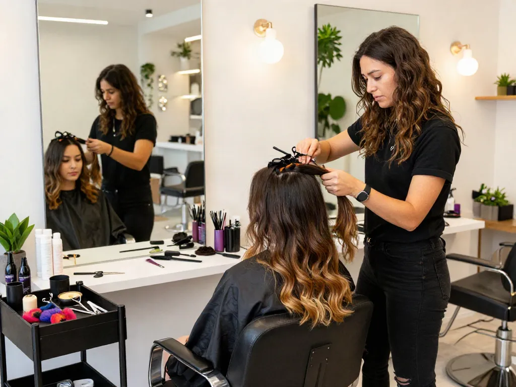 Application of sew in hair extensions in a bright beauty salon.