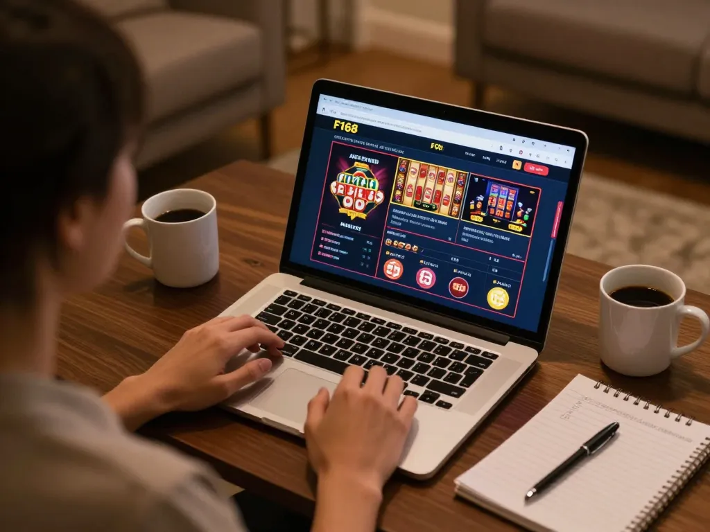 F168 online casino gaming session with laptop showing various games, highlighting responsible entertainment.