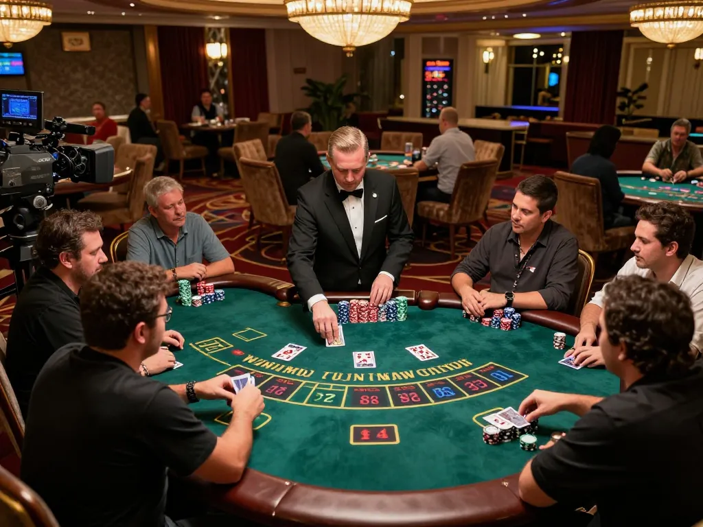 C168 blackjack game in Vegas casino, players engaged around a luxurious table