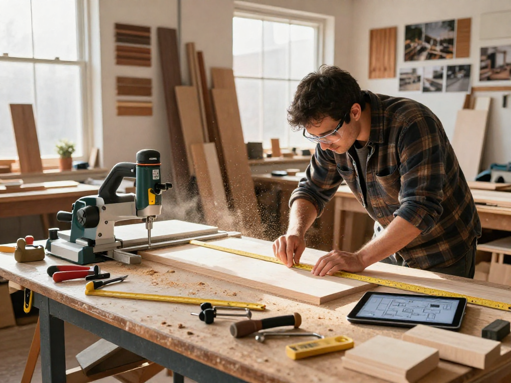 Carpenter using a chop saw table saw combo in a professional woodworking workshop, surrounded by tools and wood pieces.
