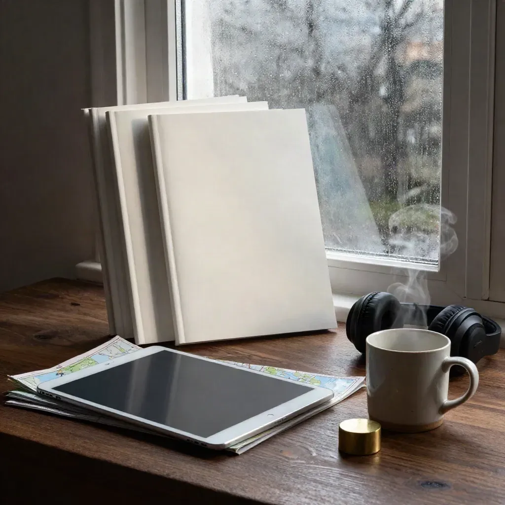 Rainy dawn editorial tableau with mockups, tablet, headphones, mug, map, and brass paperweight by a window