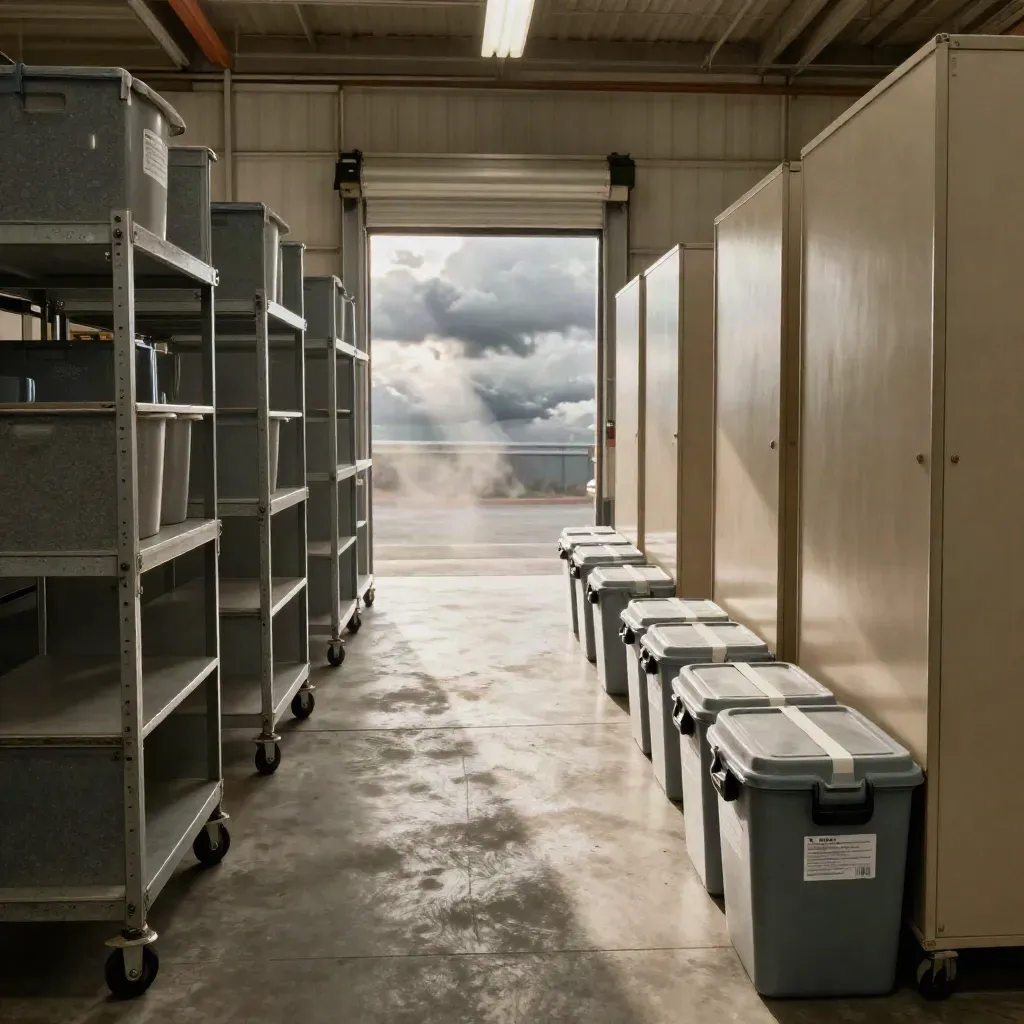 County election warehouse with ballot bins, privacy booths, and storage carts in storm-cleared light