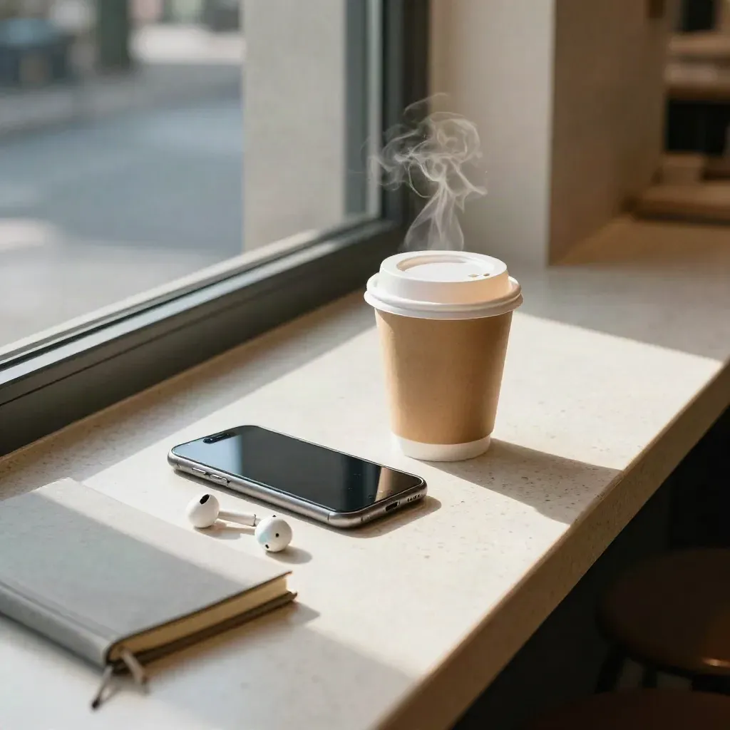Face-down phone, earbuds, coffee cup, and pocket notebook on a travertine cafe counter at dawn.