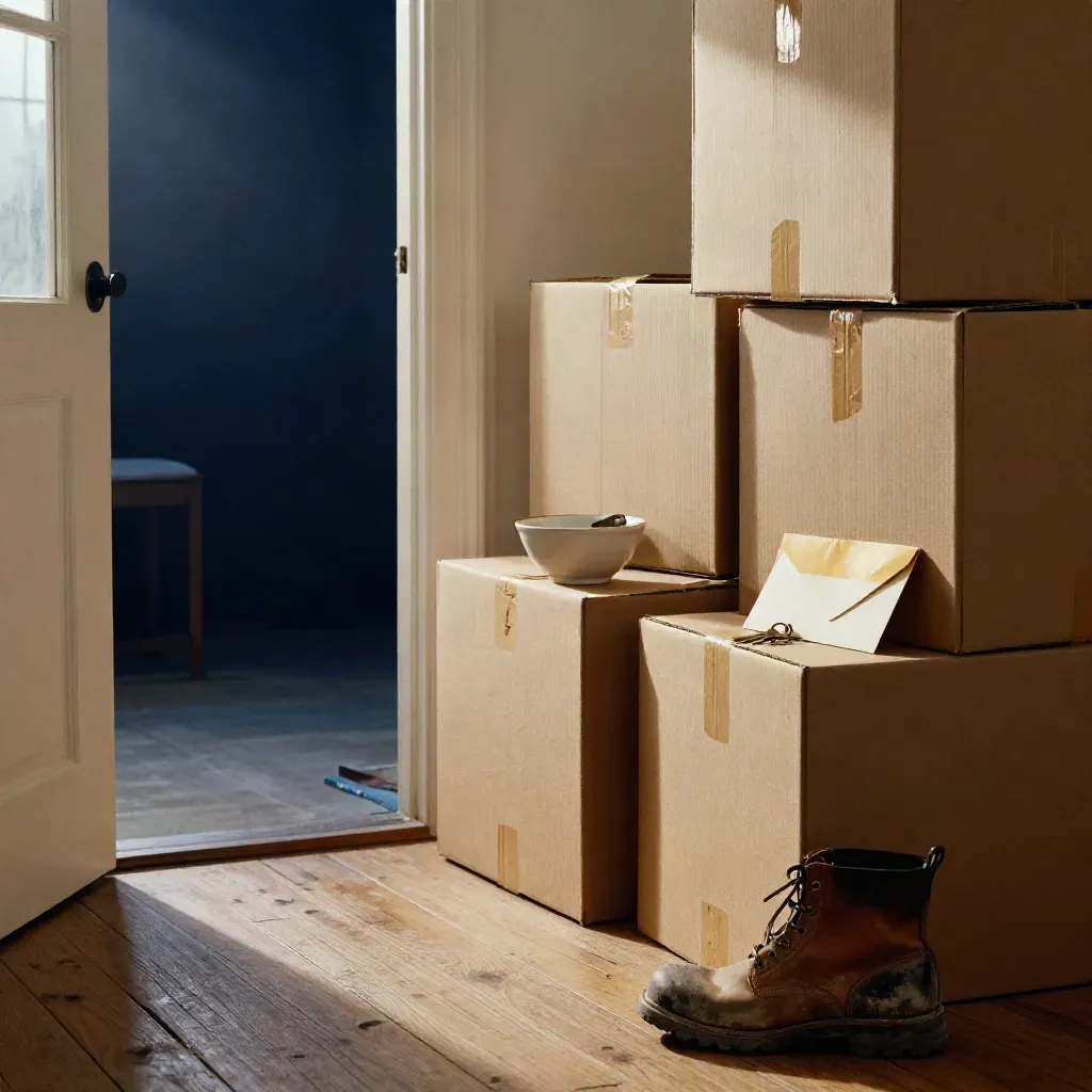Moving boxes by an apartment door with a rent envelope in a key bowl and a worn boot in slant light.