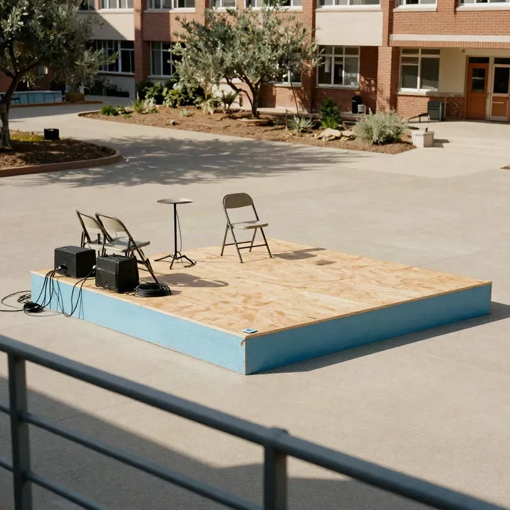 Empty campus debate stage outside the student union with chairs and a sound system in noon light.