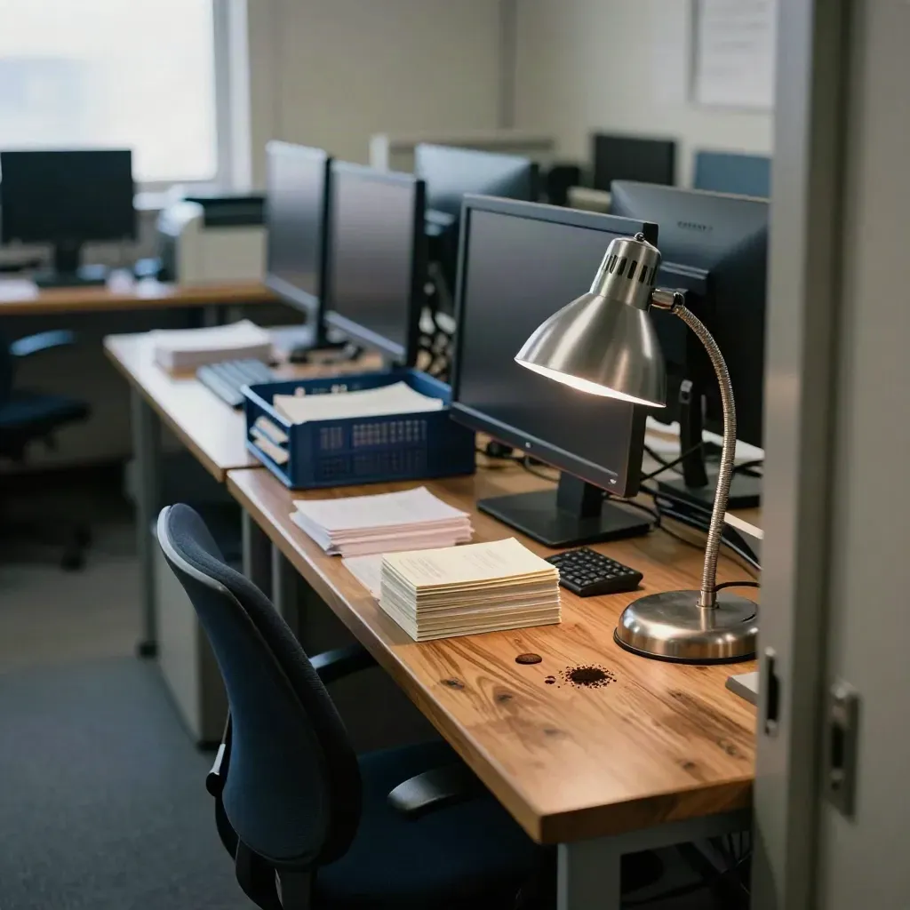 Newsroom desk with monitor backs, notecards, lamp, and coffee rings in warm window light.